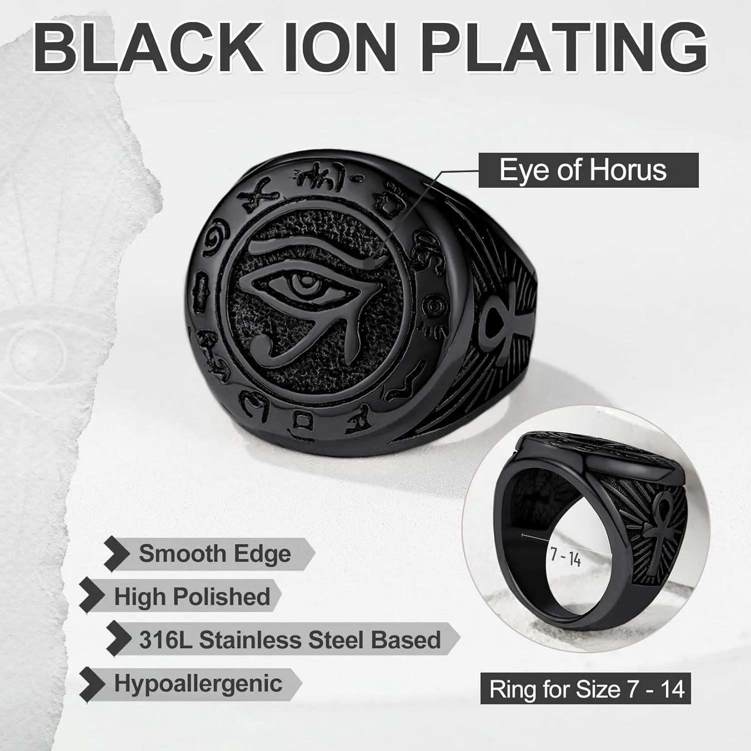 GOLDCHIC JEWELRY Eyes of Horus Ring for Men Women, Stainless Steel Ankh Ring, Ancient Egyptians Symbol Wadjet Eye Protection Ring Protection Jewelry