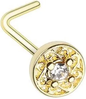 Golden Round Ornate CZ Gem WildKlass L-Shape Nose Ring