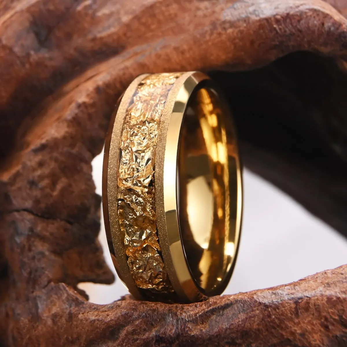 Golden Tungsten Carbide Rings for Men and Women 8mm Frosted Inlaid Gold Foil Men's Engagement Wedding Bands Fashion Luxury
