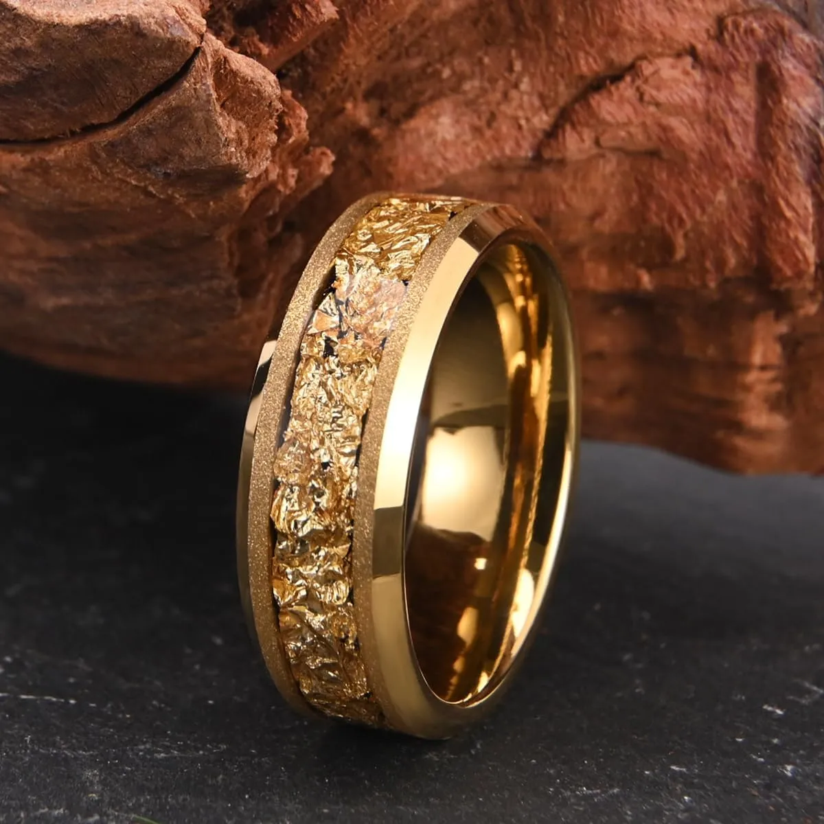 Golden Tungsten Carbide Rings for Men and Women 8mm Frosted Inlaid Gold Foil Men's Engagement Wedding Bands Fashion Luxury