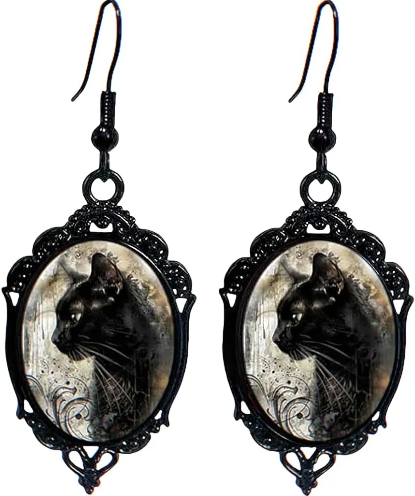 Goth Black Cat Cameo Earrings - Vintage Gothic Black Cat Drop Dangle Earrings - Halloween Witch Costume Accessories Women Jewelry Gift for Women