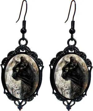 Goth Black Cat Cameo Earrings - Vintage Gothic Black Cat Drop Dangle Earrings - Halloween Witch Costume Accessories Women Jewelry Gift for Women