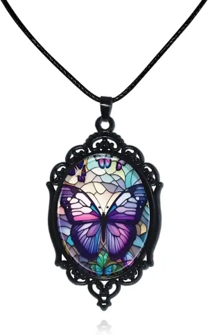 Gothic Cross Glass Pendant Necklace for Women Punk Vintage Black Dark Oval Cameo Necklace Halloween Jewelry for Women