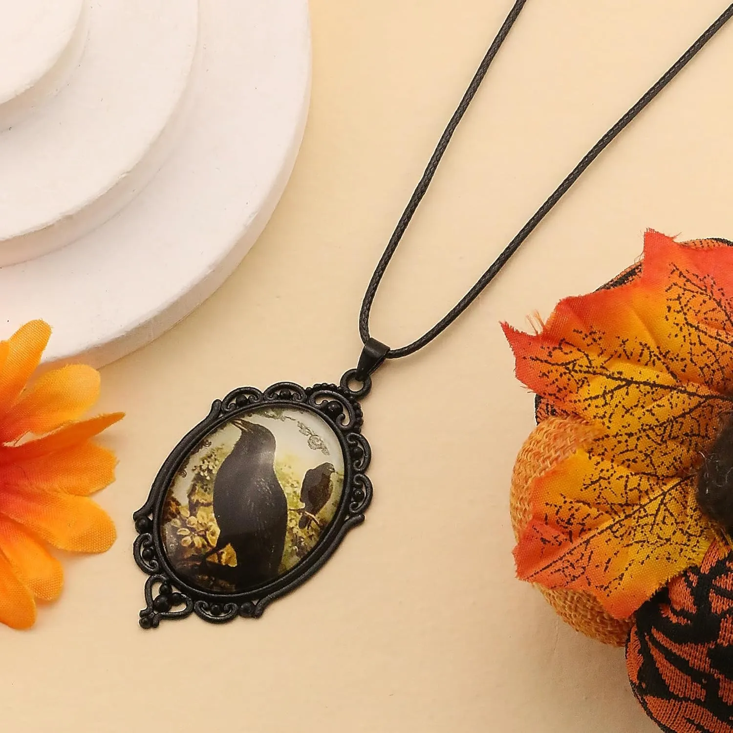 Gothic Cross Glass Pendant Necklace for Women Punk Vintage Black Dark Oval Cameo Necklace Halloween Jewelry for Women