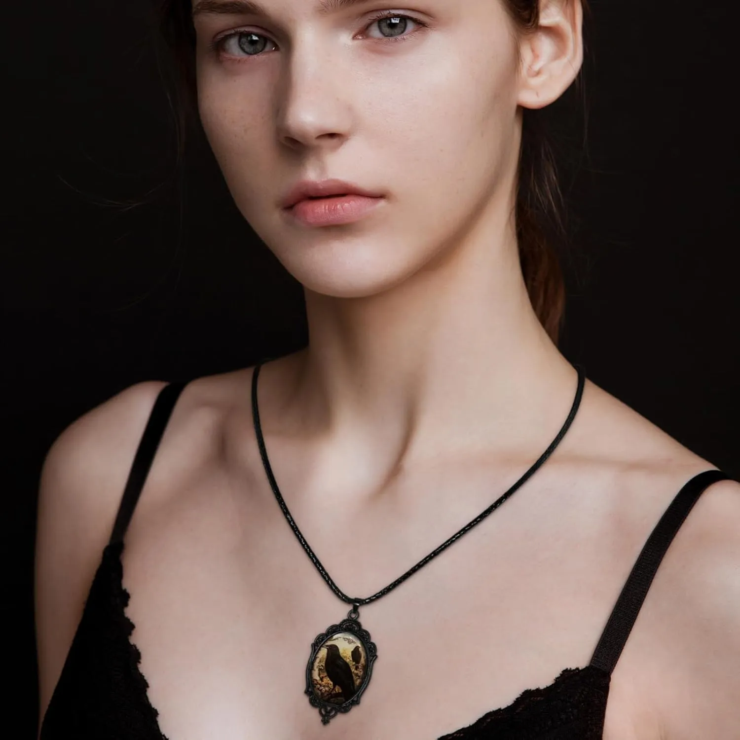 Gothic Cross Glass Pendant Necklace for Women Punk Vintage Black Dark Oval Cameo Necklace Halloween Jewelry for Women