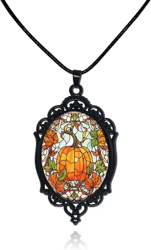 Gothic Cross Glass Pendant Necklace for Women Punk Vintage Black Dark Oval Cameo Necklace Halloween Jewelry for Women
