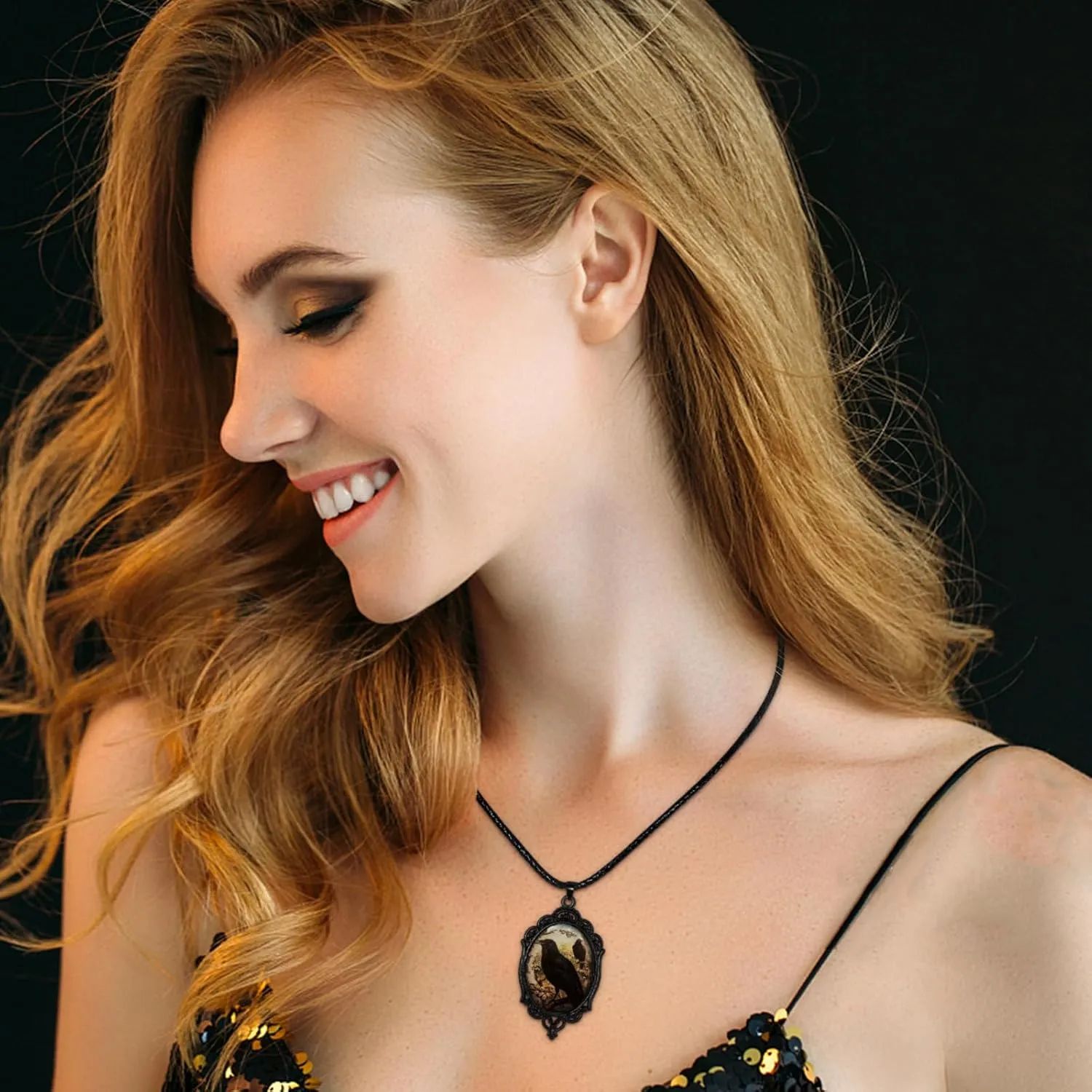 Gothic Cross Glass Pendant Necklace for Women Punk Vintage Black Dark Oval Cameo Necklace Halloween Jewelry for Women
