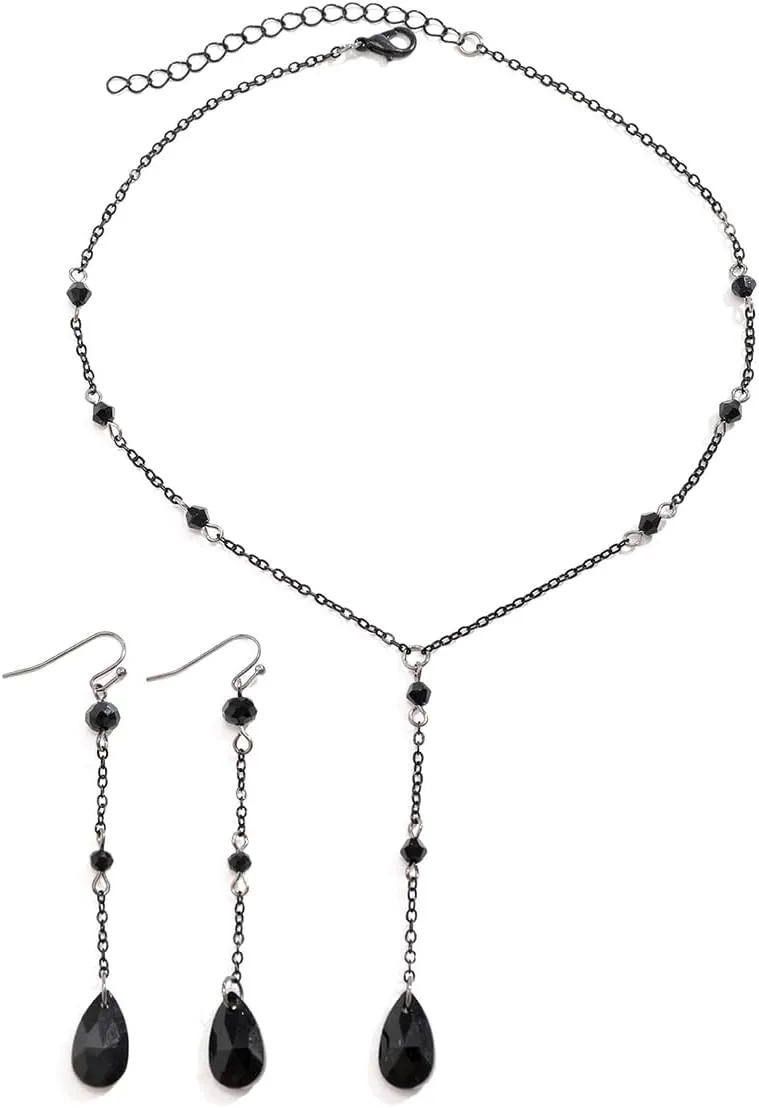 Gothic Earring Set Retro Blood Drop Tassel Necklace Black Red Crystal Bead Teardrop Punk Y Jewelry Set Vintage Halloween Christmas Jewelry for Women