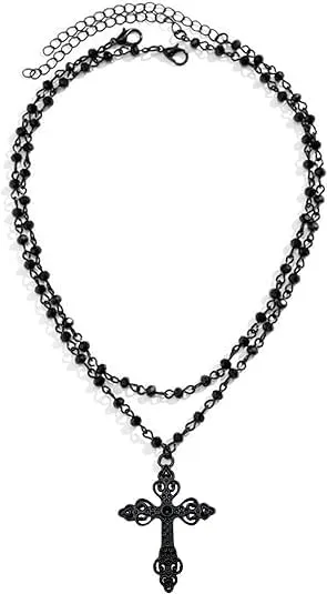 Gothic Layered Cross Necklace Punk Black Cross Pendant Necklace Zinc Alloy Black Bead Cross Choker Necklace Goth Gothic Y2k Necklaces Halloween Christmas New Year Goth Jewelry Gift for Women Men