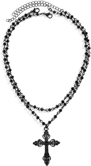 Gothic Layered Cross Necklace Punk Black Cross Pendant Necklace Zinc Alloy Black Bead Cross Choker Necklace Goth Gothic Y2k Necklaces Halloween Christmas New Year Goth Jewelry Gift for Women Men