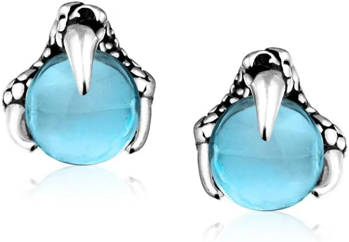 Gothic Punk Rocker Biker Jewelry Aqua Blue Translucent Ball Orb Dragon Claw Stud Earrings For Men For Women Silver Tone Black Oxidized Stainless Steel