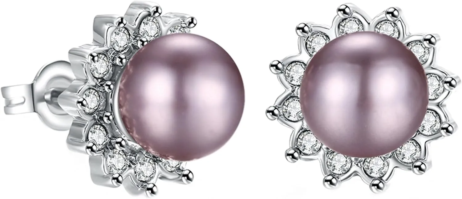 Greendou Fashion Jewelry 18K Platinum Imitation Pearl Czech Drill Lotus Flower Stud Earrings (Purple)