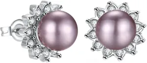 Greendou Fashion Jewelry 18K Platinum Imitation Pearl Czech Drill Lotus Flower Stud Earrings (Purple)