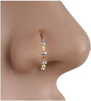 Greendou Fashion Jewelry Gold/Silver Thin Four Diamond Clear Crystal Nose Ring Stud Hoop-Sparkly Crystal Nose Ring (Gold)