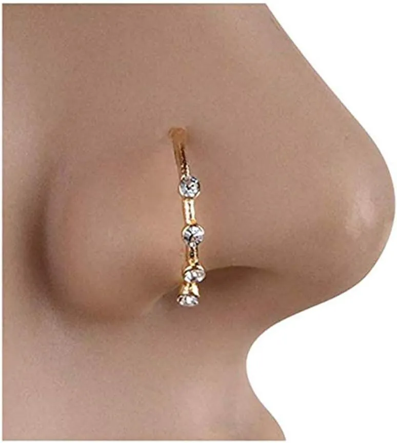 Greendou Fashion Jewelry Gold/Silver Thin Four Diamond Clear Crystal Nose Ring Stud Hoop-Sparkly Crystal Nose Ring (Gold)