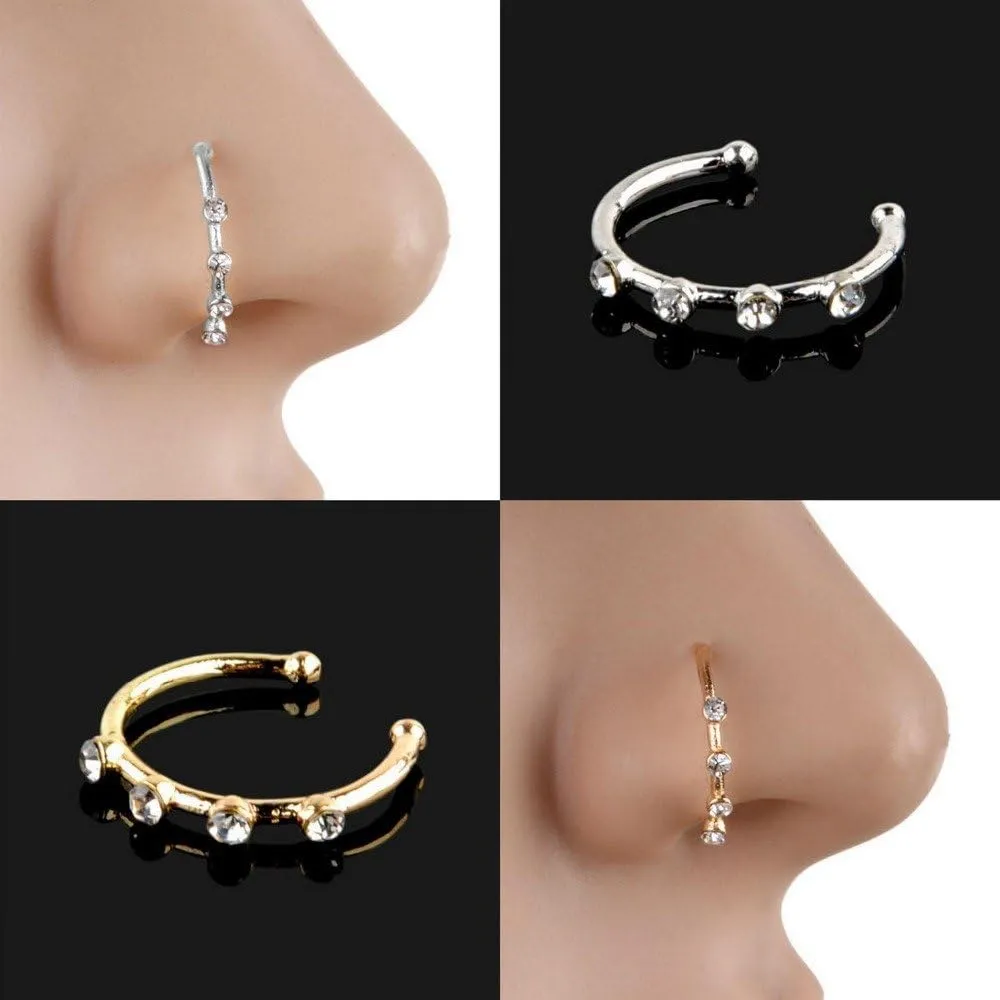 Greendou Fashion Jewelry Gold/Silver Thin Four Diamond Clear Crystal Nose Ring Stud Hoop-Sparkly Crystal Nose Ring (Gold)