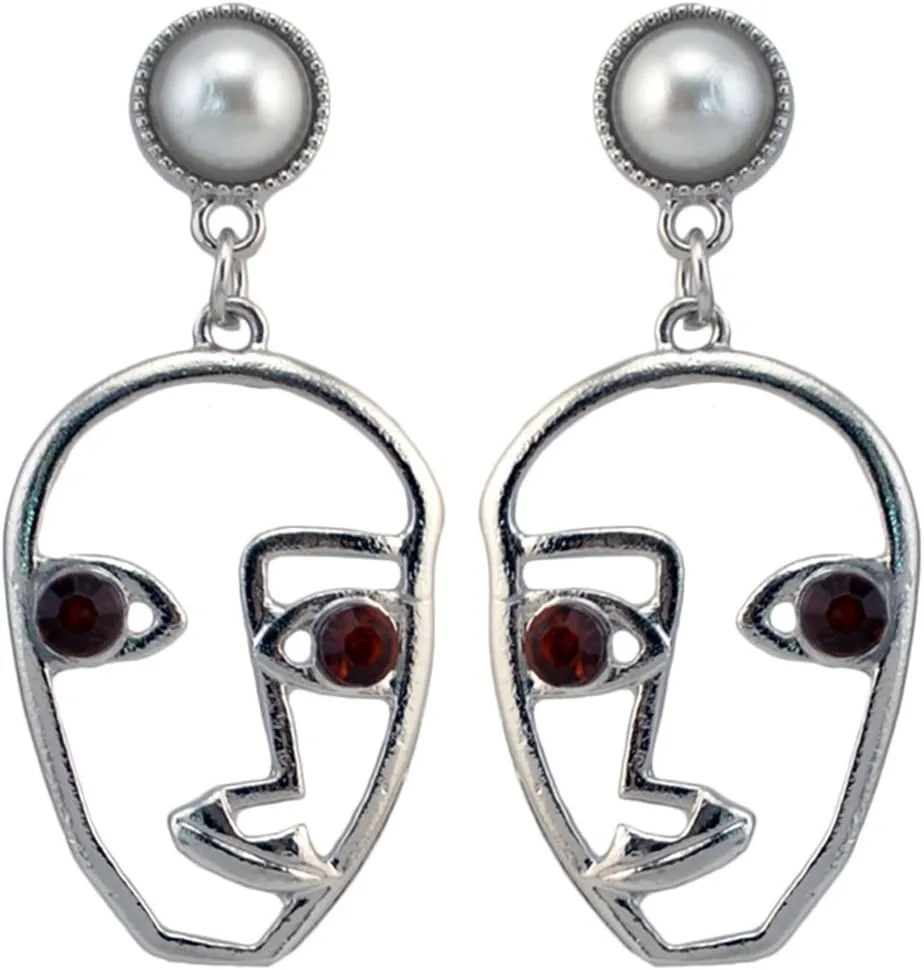 Greendou Human Face Dangle Earrings Drop Hoops Studs Cuffs Ear Wrap Pin Vine Dangling Hollow Out Charms Jewelry (Silver)