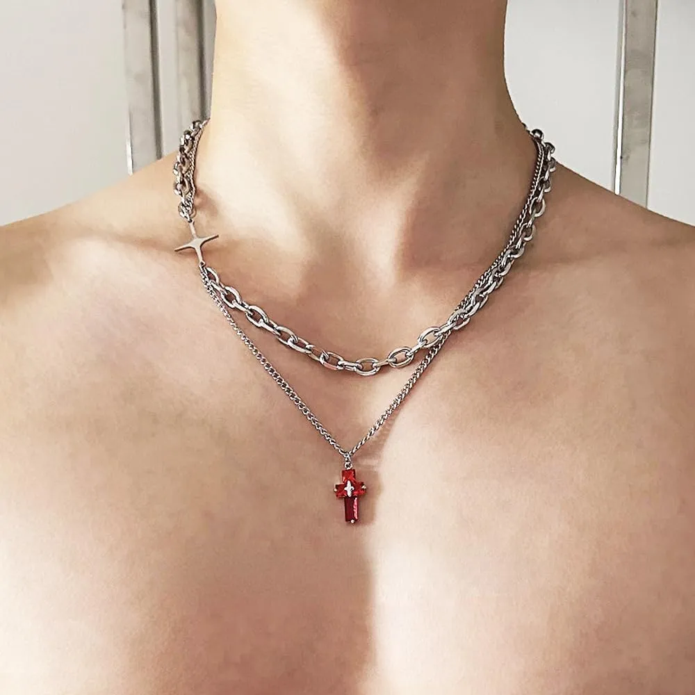 GulCean Goth Cross Necklace for Men Stainless Steel Trendy Y2K Layered Paper Clip Cross Cuba Chain Red Black Zircon Liquid Metal Cross Pendant Charm Choker Necklace for Women