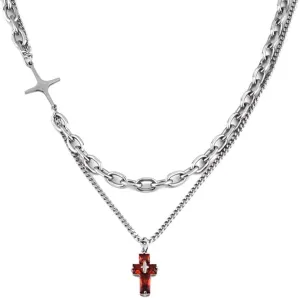 GulCean Goth Cross Necklace for Men Stainless Steel Trendy Y2K Layered Paper Clip Cross Cuba Chain Red Black Zircon Liquid Metal Cross Pendant Charm Choker Necklace for Women