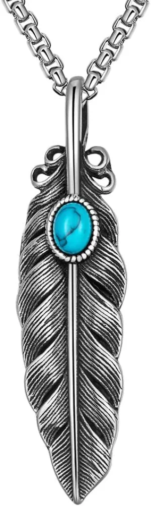 GulCean Mens Turquoise Feather Necklace Titanium Steel Vintage Silver Simple Punk Gothic Emo Fashion Hippie Long Feather Pendant Necklace Jewelry Gift