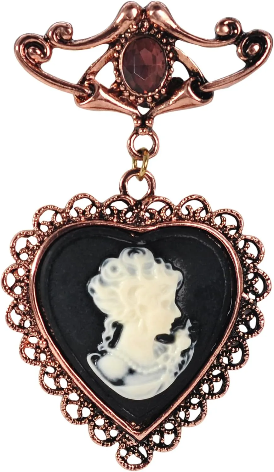Gyn&Joy Copper Tone Purple Crystal Stone Vintage Victorian Heart Cameo Lady Women Brooch Pin