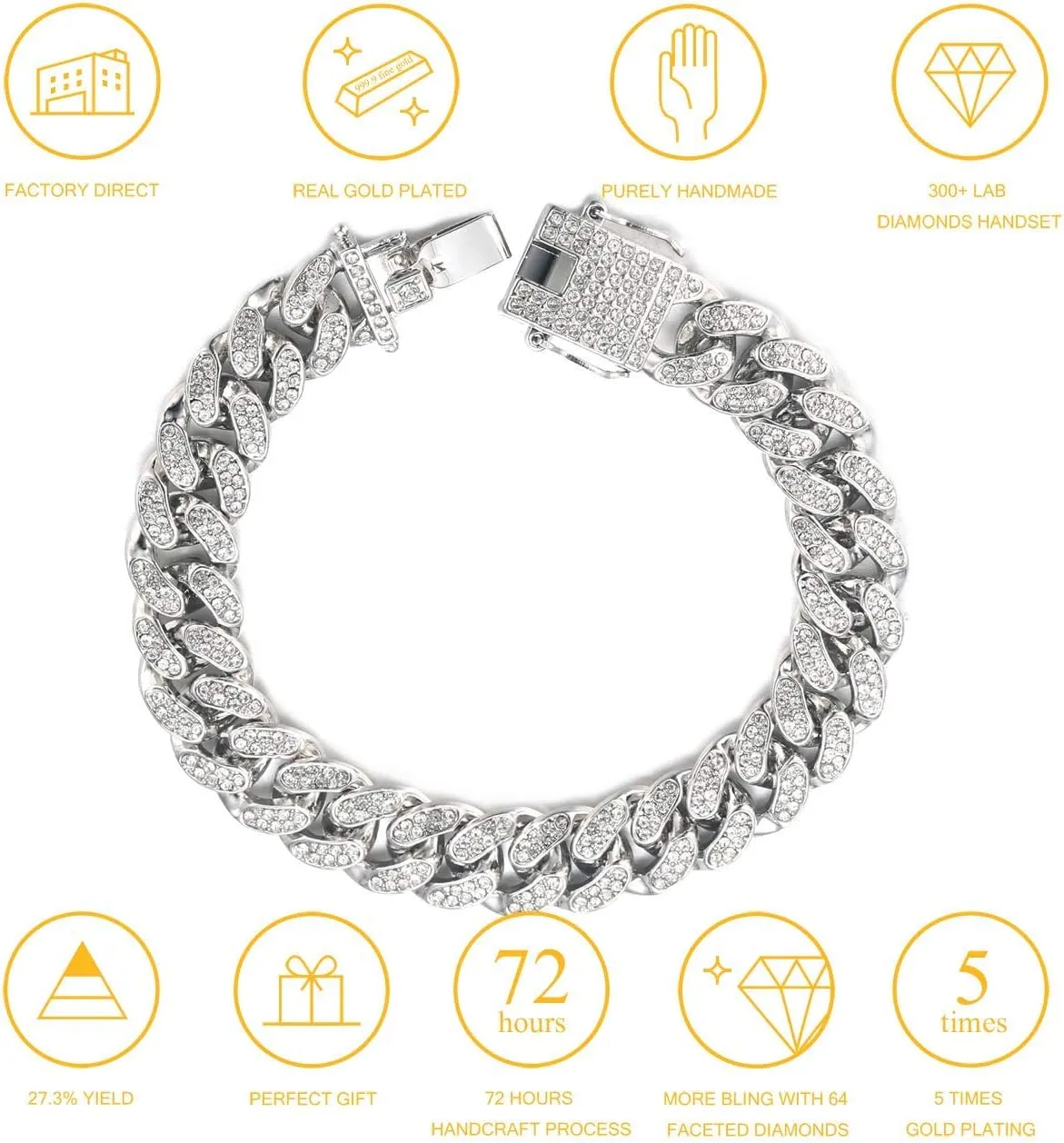 Halukakah Gold Plated Chains for Boys - TYCOON JUNIOR - Kid's 14MM Platinum Plated Cuban Link Chain Necklace Bracelet,Lab Diamonds Prong Set,Fits Ages 8-16 Y/O. with Giftbox