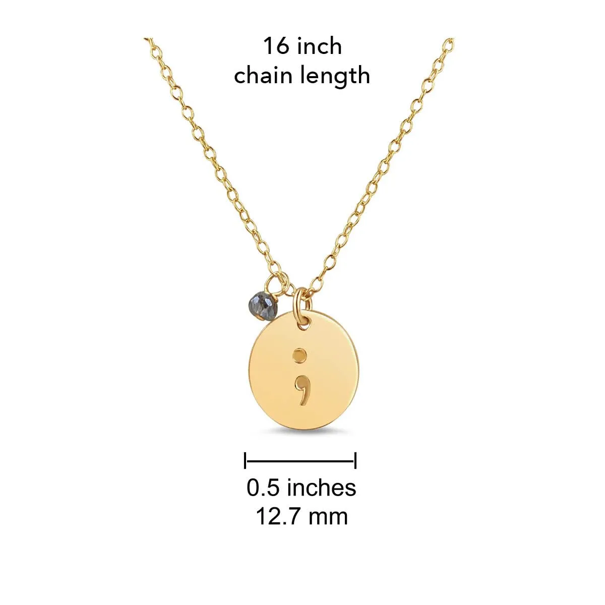Handmade Gold Semicolon Gemstone Charm Necklace, 16-18" Adjustable with Labradorite for Strength, Suicide Prevention Awareness, Memorial Jewelry Gift for Survivor, Her, Woman, Girl, Teenager, Daughter
