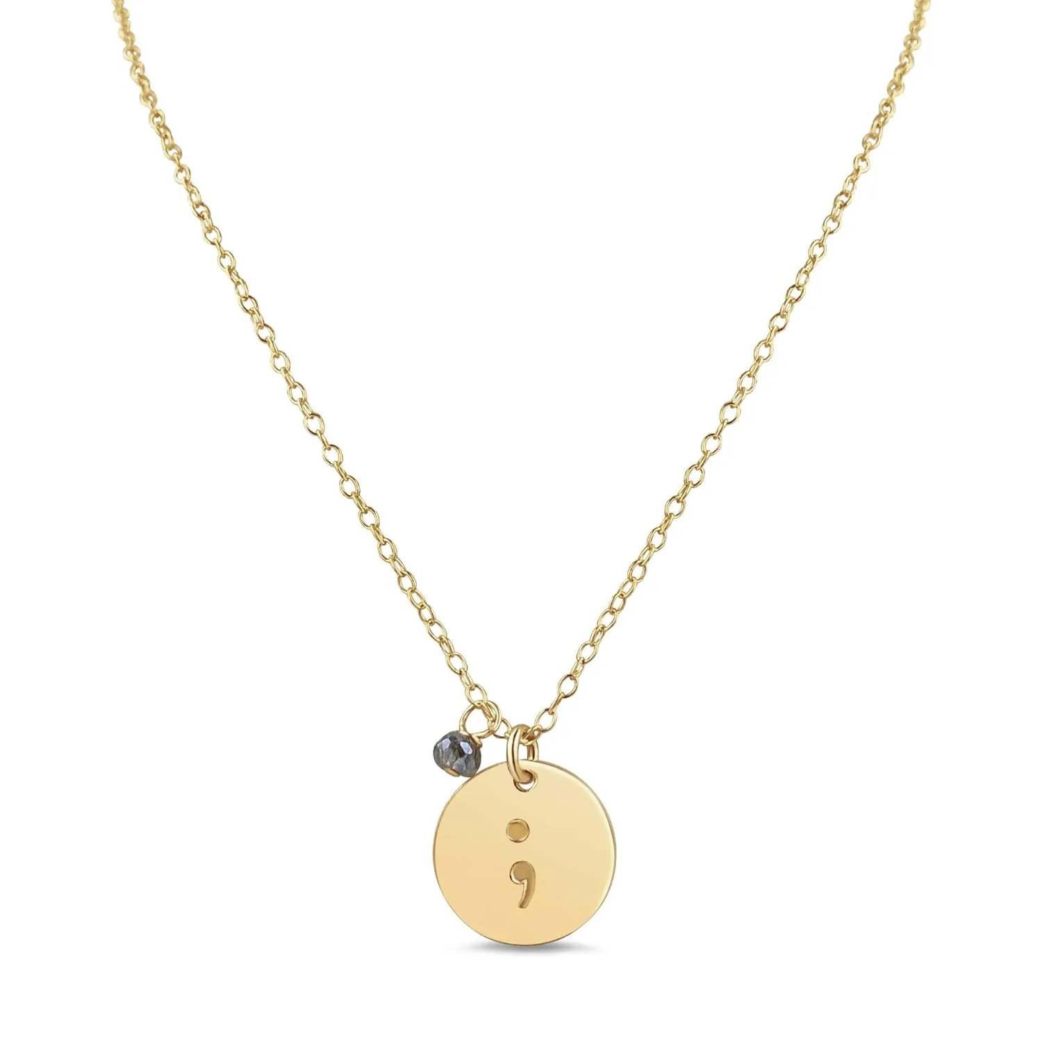 Handmade Gold Semicolon Gemstone Charm Necklace, 16-18" Adjustable with Labradorite for Strength, Suicide Prevention Awareness, Memorial Jewelry Gift for Survivor, Her, Woman, Girl, Teenager, Daughter