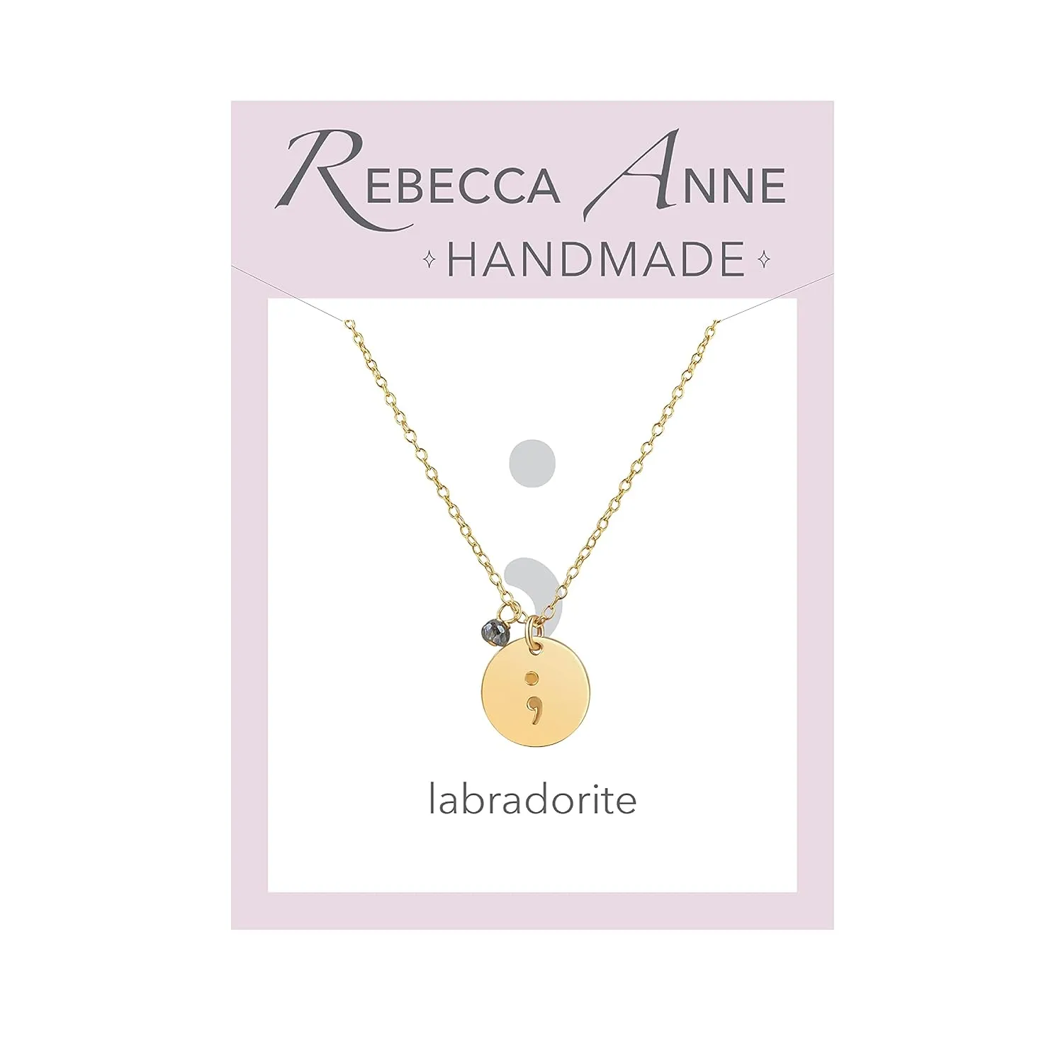 Handmade Gold Semicolon Gemstone Charm Necklace, 16-18" Adjustable with Labradorite for Strength, Suicide Prevention Awareness, Memorial Jewelry Gift for Survivor, Her, Woman, Girl, Teenager, Daughter
