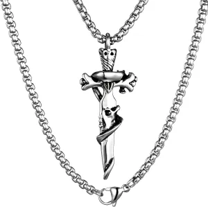 HAWSON Cross Large Necklace for Men & Women with Skull Pattern, Stainless Steel Pendant with 28 Inch Box Chain, Silver Tone Non Tarnish Waterproof Gothic Jewelry Gift for Christian