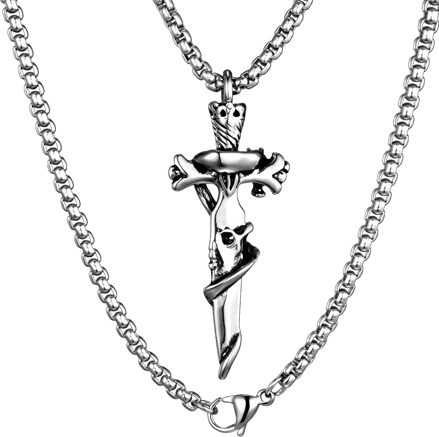 HAWSON Cross Large Necklace for Men & Women with Skull Pattern, Stainless Steel Pendant with 28 Inch Box Chain, Silver Tone Non Tarnish Waterproof Gothic Jewelry Gift for Christian