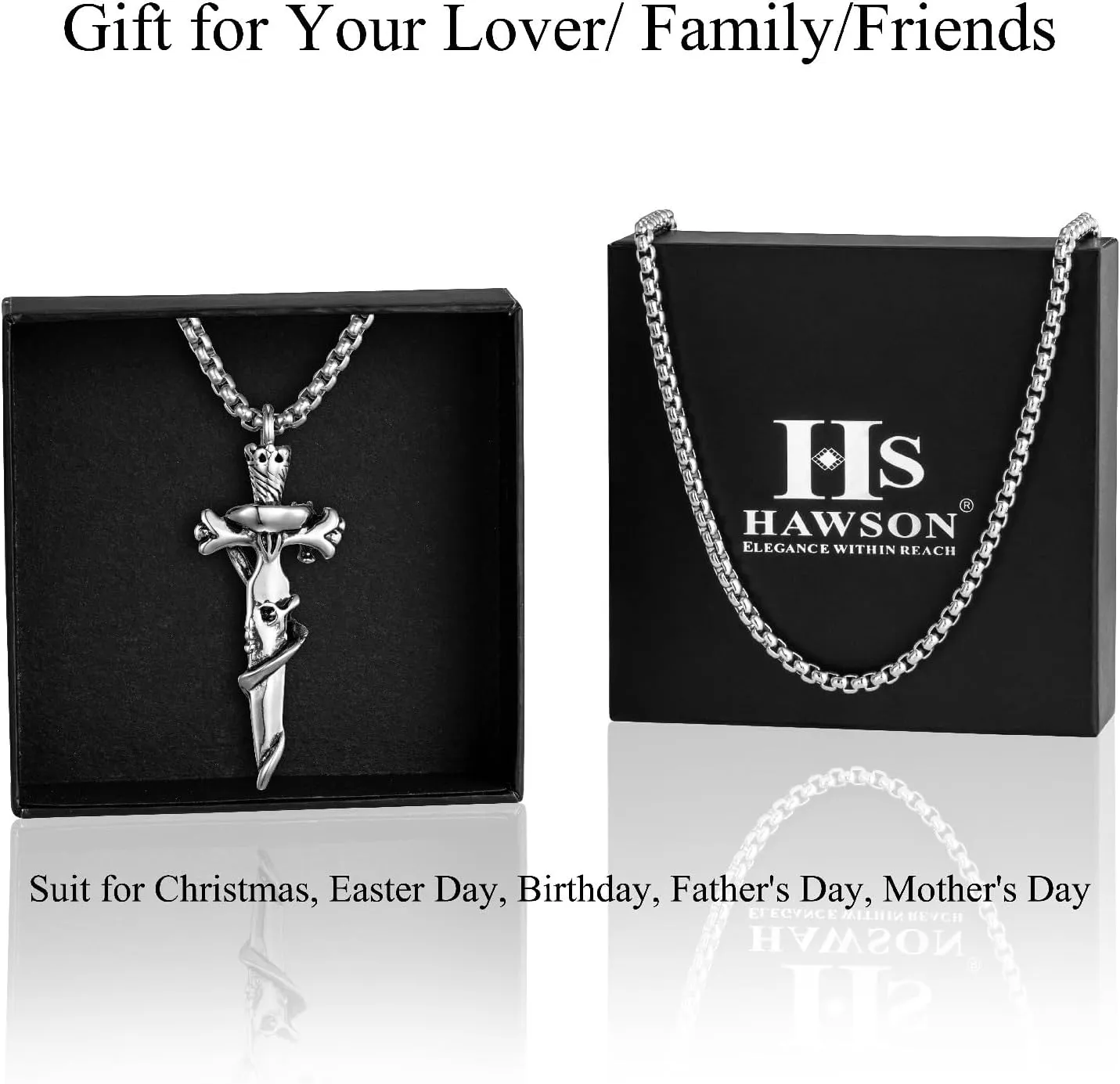 HAWSON Cross Large Necklace for Men & Women with Skull Pattern, Stainless Steel Pendant with 28 Inch Box Chain, Silver Tone Non Tarnish Waterproof Gothic Jewelry Gift for Christian