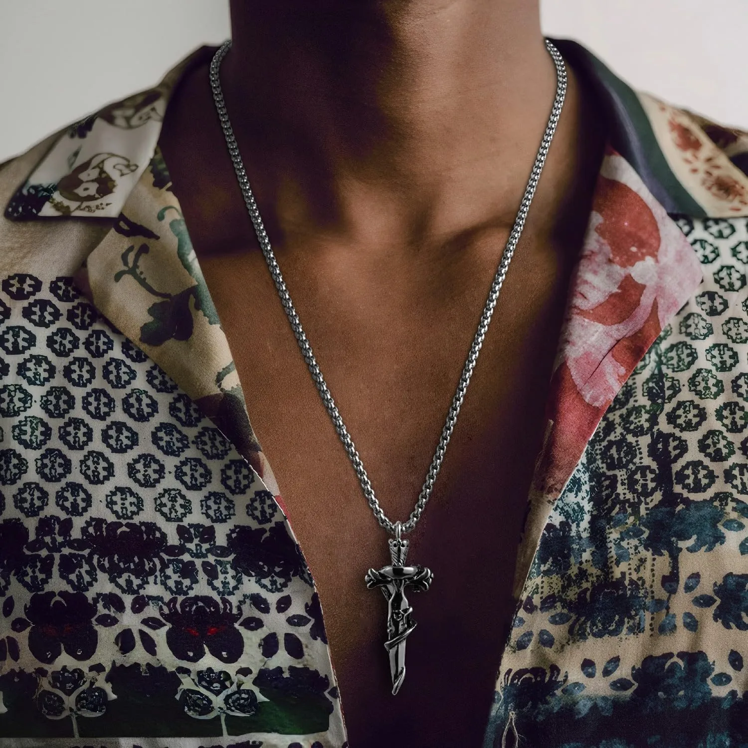 HAWSON Cross Large Necklace for Men & Women with Skull Pattern, Stainless Steel Pendant with 28 Inch Box Chain, Silver Tone Non Tarnish Waterproof Gothic Jewelry Gift for Christian