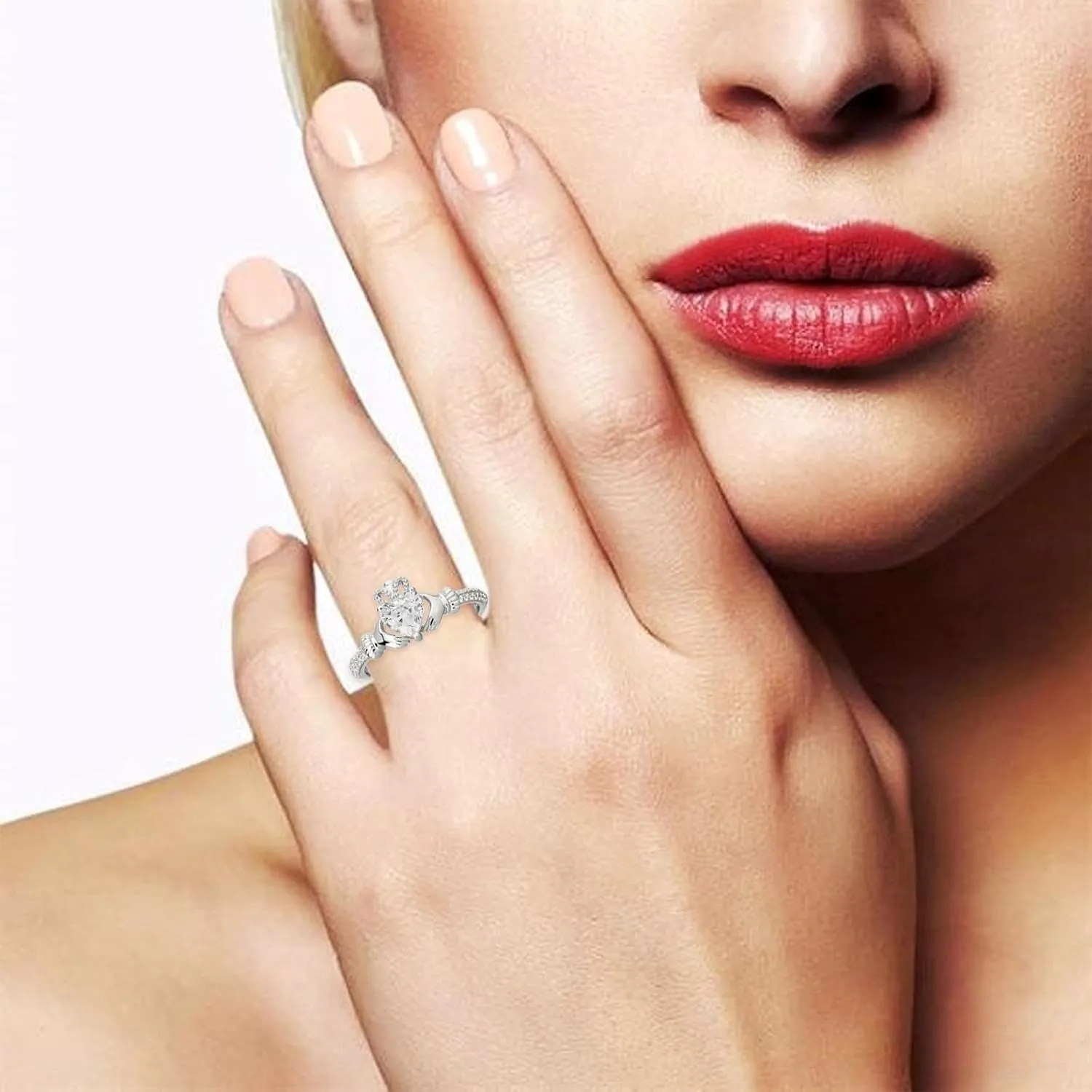Heart Birthstone Claddagh Ring 925 Sterling Silver 6MM Heart-Shaped Birthstone Rings Irish Jewelry Good Luck for Women Size 3-13