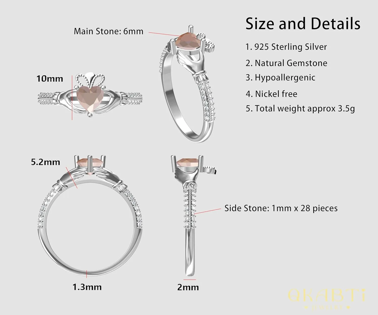 Heart Birthstone Claddagh Ring 925 Sterling Silver 6MM Heart-Shaped Birthstone Rings Irish Jewelry Good Luck for Women Size 3-13