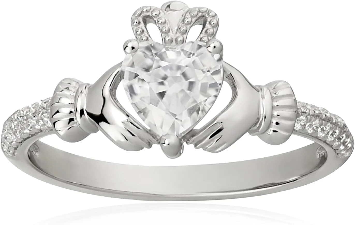 Heart Birthstone Claddagh Ring 925 Sterling Silver 6MM Heart-Shaped Birthstone Rings Irish Jewelry Good Luck for Women Size 3-13