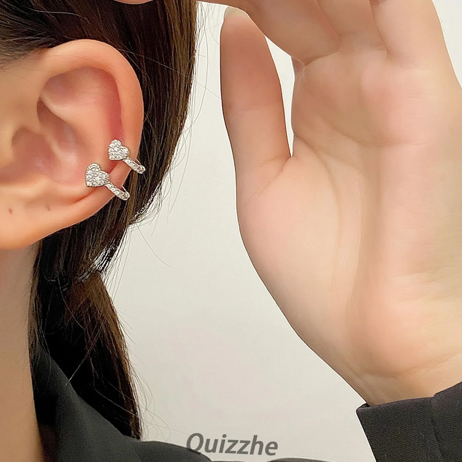 Heart Ear Cuff Earrings Simple Tiny Silver Pave Crystal Wrap Earrings Sweet Double Heart Shape Rhinestone Cartilage Clip Non-Piercing Trendy Jewelry Gifts for Women