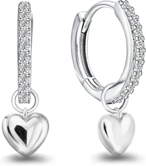 Heart Hoop Earrings for Women Sterling Silver CZ Heart Love Dangle Hoop Earrings Small Tiny Cubic Zirconia Dangling Huggie Jewelry Hypoallergenic Cuff Cartilage Earring for Daughter Mom Birthday