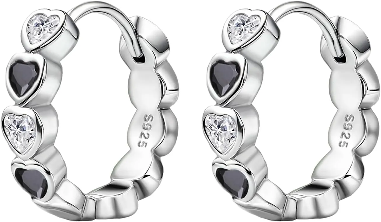 Heart Hoop Earrings with Black White Cubic Zirconia Sterling Silver Love Heart Huggie Earrings Cartilage Tiny Cute Small Huggie Hoops Hypoallergenic for Sensitive Ear for Women Daughter Birthday