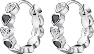Heart Hoop Earrings with Black White Cubic Zirconia Sterling Silver Love Heart Huggie Earrings Cartilage Tiny Cute Small Huggie Hoops Hypoallergenic for Sensitive Ear for Women Daughter Birthday