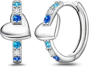 Heart Hoop Earrings with Blue Cubic Zirconia Sterling Silver Love Heart Huggie Earrings Cartilage Tiny Large Huggie Hoops Hypoallergenic for Sensitive Ear for Women Daughter Birthday Anniversary