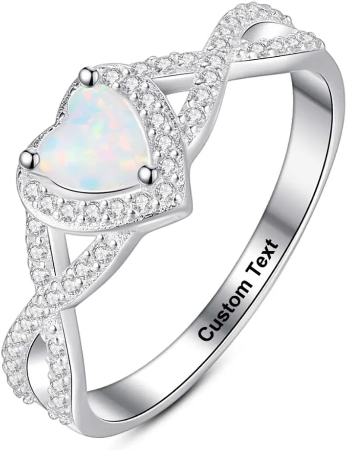 Heart Ring Opal Rings for Women Halo Promise Ring Couples Women Her Personalized Sterling Silver Engraved Custom Name