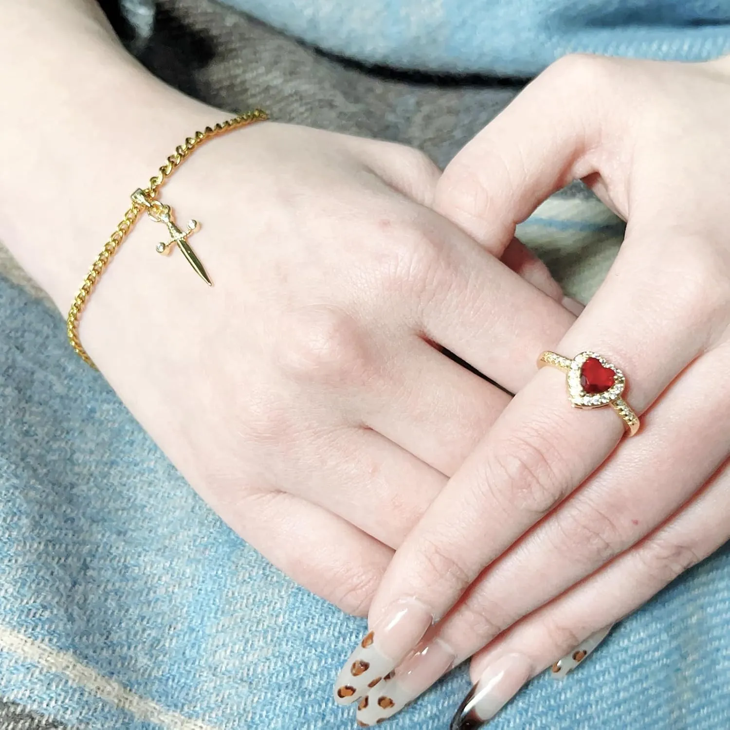 Heart Ring Sword Bracelet Set for Couple Gold Silver Heart Ring Sword Link Chain Bracelet Red Gemstone Promise Ring for Her Sword Through Heart Valentine Anniversary Trendy Jewelry