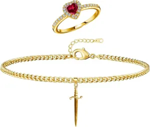 Heart Ring Sword Bracelet Set for Couple Gold Silver Heart Ring Sword Link Chain Bracelet Red Gemstone Promise Ring for Her Sword Through Heart Valentine Anniversary Trendy Jewelry