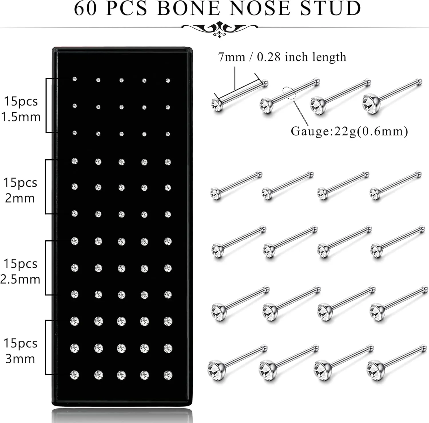 Helicopchain 60-240Pcs Hypoallergenic Nose Studs for Women Men 316L Stainless Steel CZ Nose Piercing Jewelry L Shaped Nose Rings Bone Studs Screw Piercing 20G-22G 1.5mm 2mm 2.5mm 3mm