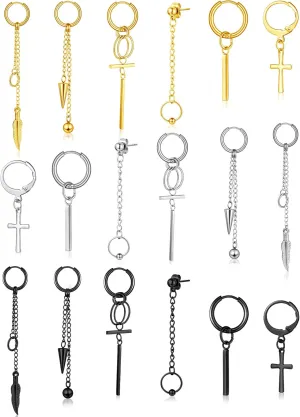 Hicarer 18 Pcs Men Dangle Hanging Earrings Hinged Dangle Stainless Steel Huggie Hoop Long Chain Pendant with Feather Leaf Bar Black Gold Silver