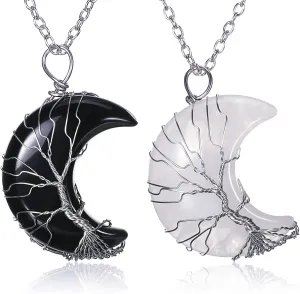 Hicarer 2 Pcs Moon Crystal Necklace Life Tree Wire Wrapped Crescent Pendant Crystal Quartz Jewelry for Christmas Women Mothers Day Valentines Day Gifts