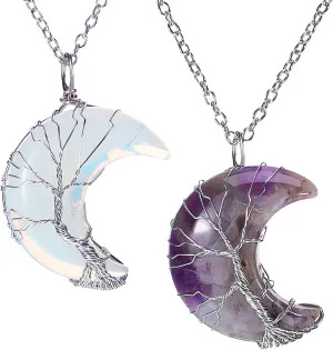 Hicarer 2 Pcs Moon Crystal Necklace Life Tree Wire Wrapped Crescent Pendant Crystal Quartz Jewelry for Christmas Women Mothers Day Valentines Day Gifts