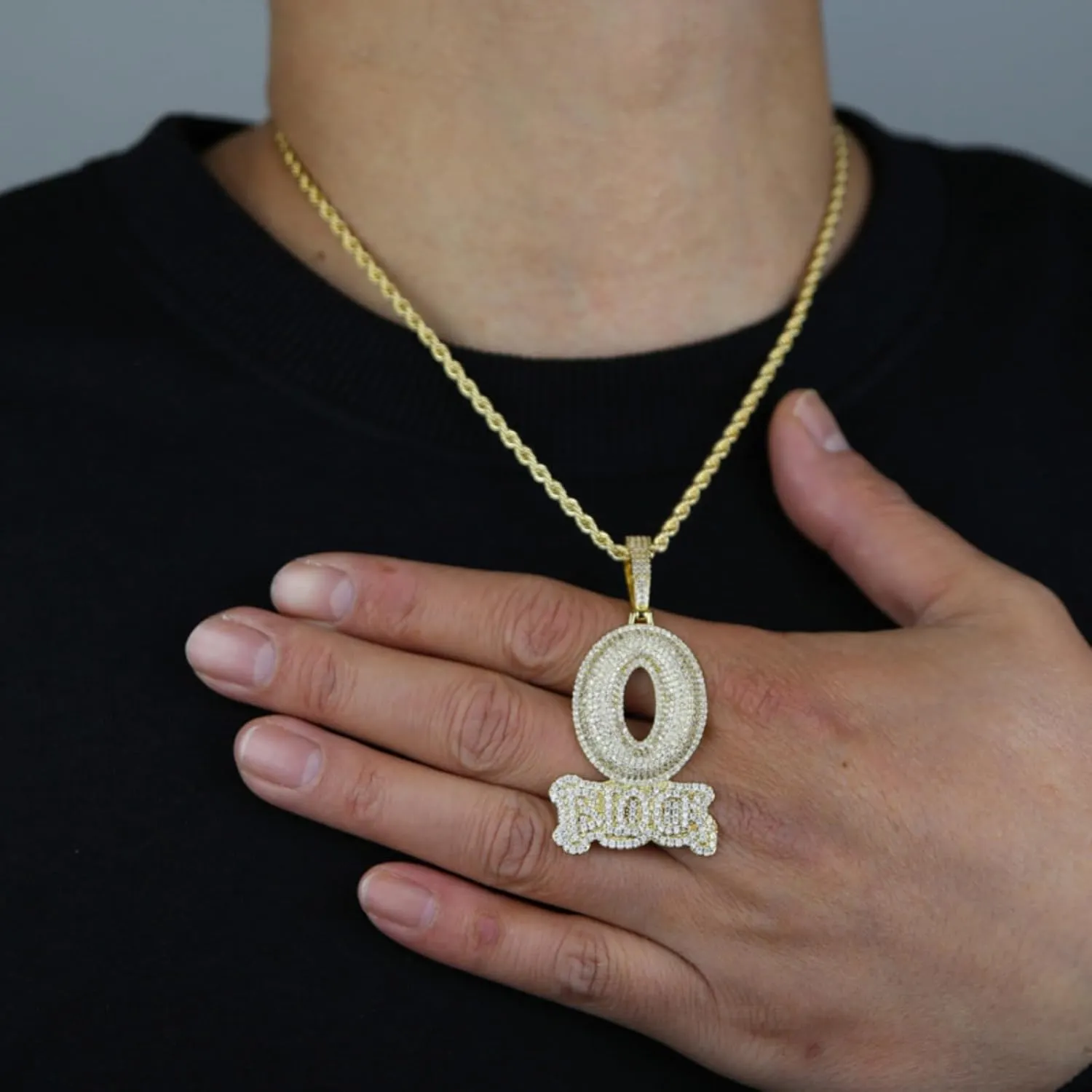 Hip-hop jewelry English letter O-shaped BLOCK copper inlaid zircon 18k gold-plated necklace pendant with 3mm 24-inch stainless steel chain