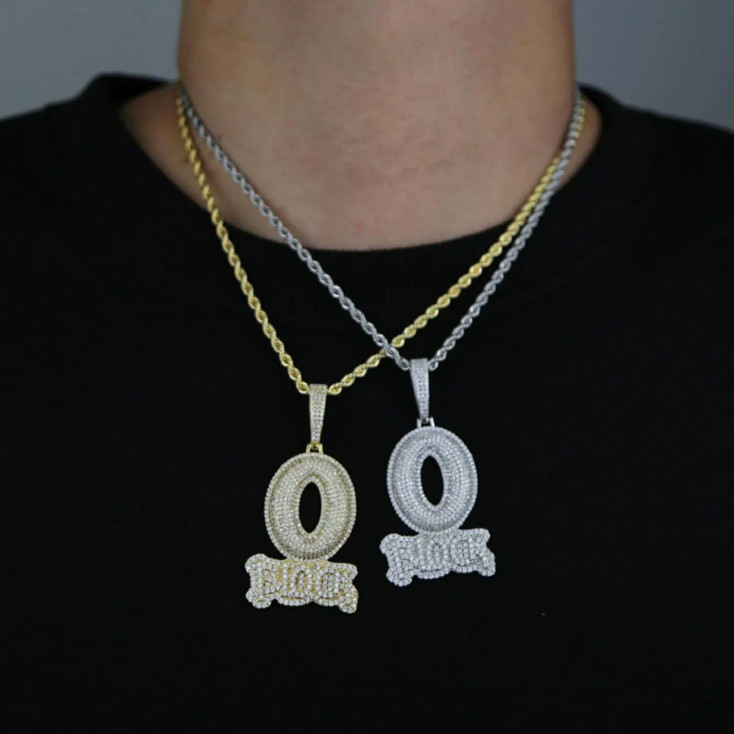 Hip-hop jewelry English letter O-shaped BLOCK copper inlaid zircon 18k gold-plated necklace pendant with 3mm 24-inch stainless steel chain